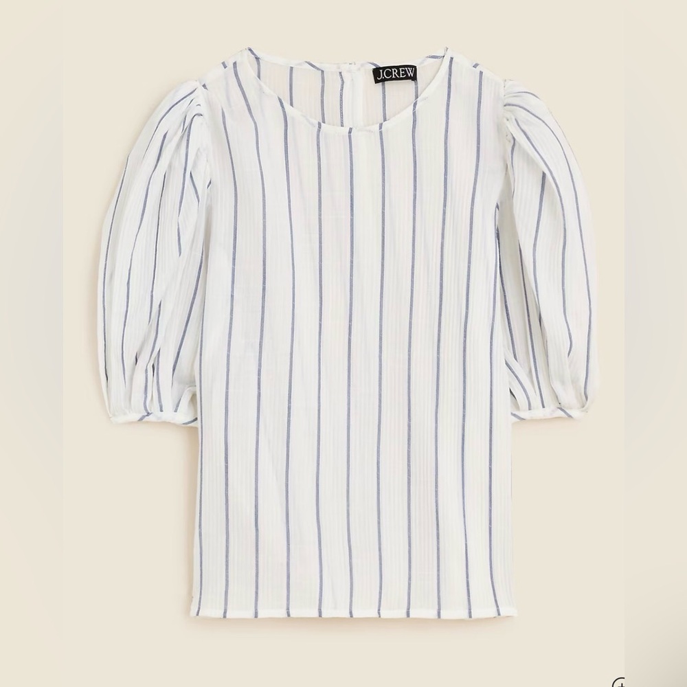 J. Crew White Top with Navy Vertical Stripes and Puff Sleeves NWT